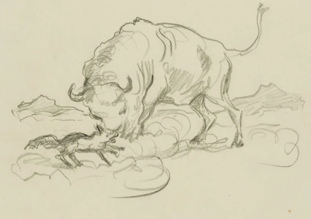 R. DUSCHEK (1884-1959), Depiction of an ox in battle, Pencil Richard