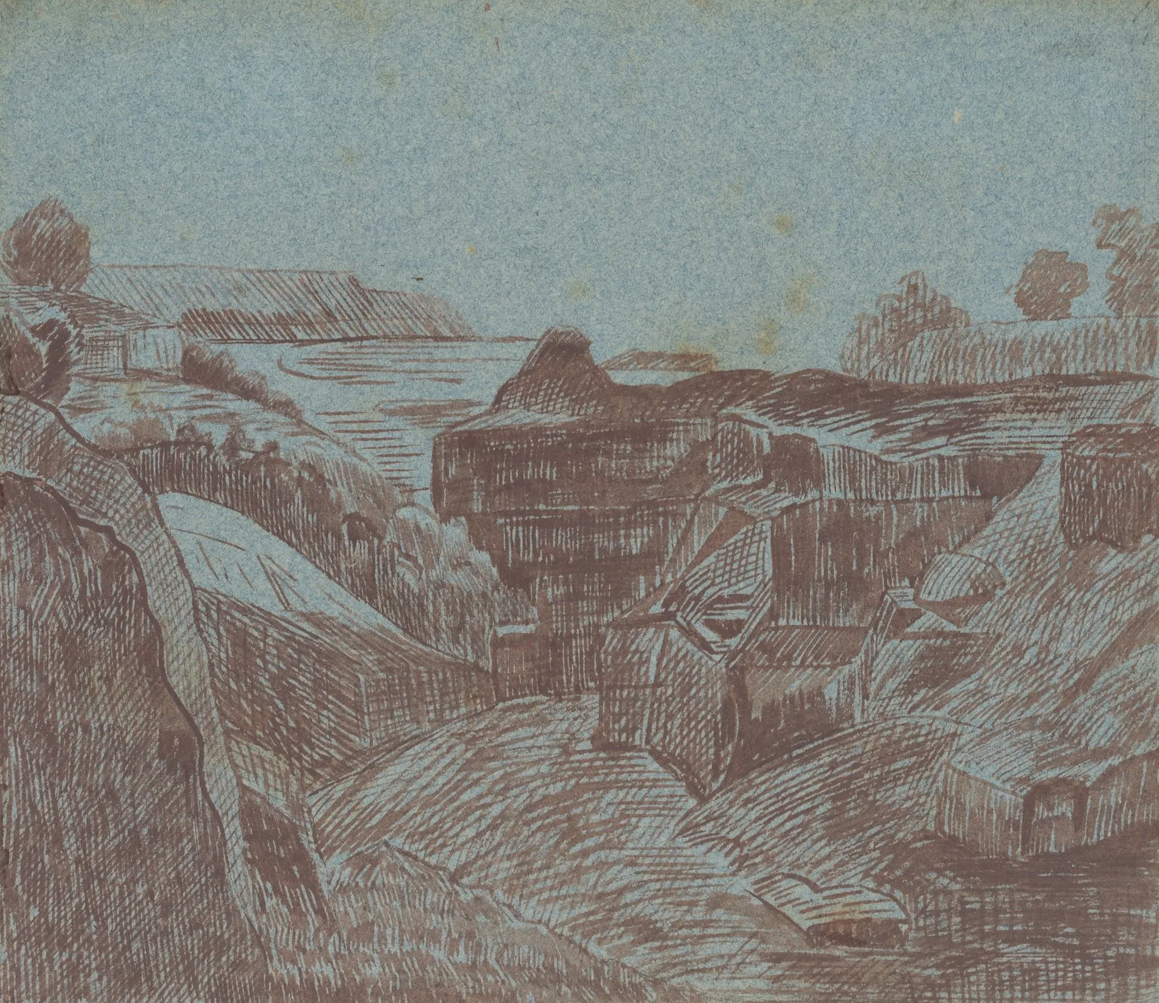 Unknown (19th century), Landscape with farmsteads, around 1840, pen