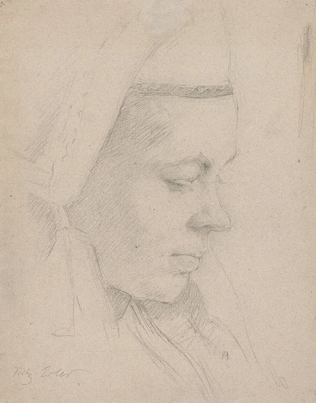F. ERLER (1868-1940), Girl wearing a traditional bonnet, Pencil Fritz