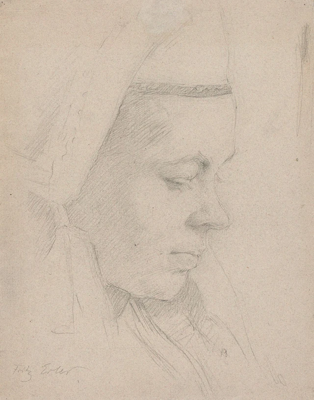 F. ERLER (1868-1940), Girl wearing a traditional bonnet, Pencil Fritz