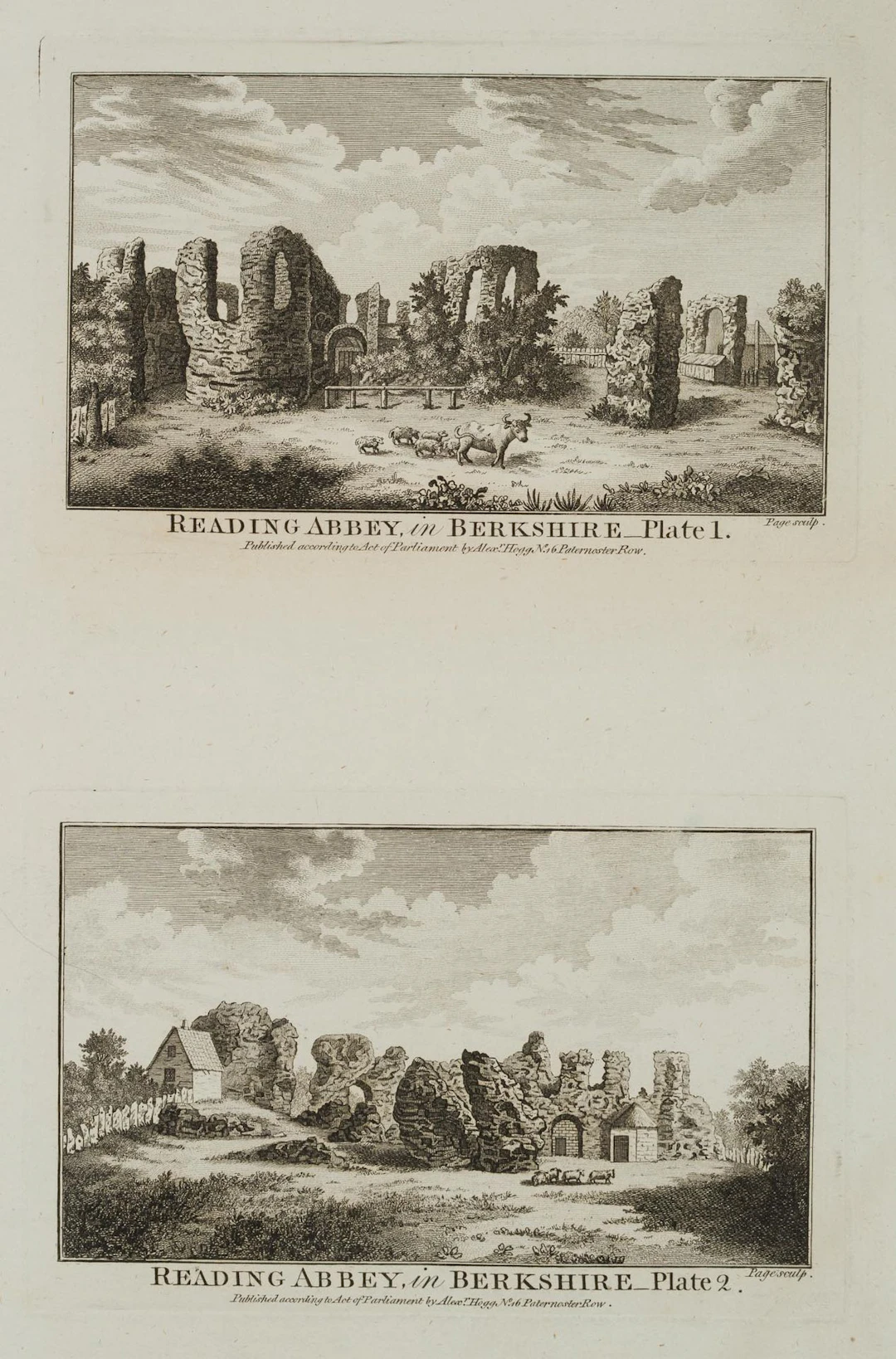 G. PAGE (19th), Reading Abbey, in Berkshire, Etching G. Page (19th