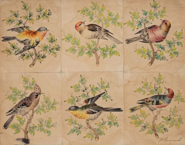 Unknown (19th century), Six Songbirds on Twigs, Watercolor Unknown