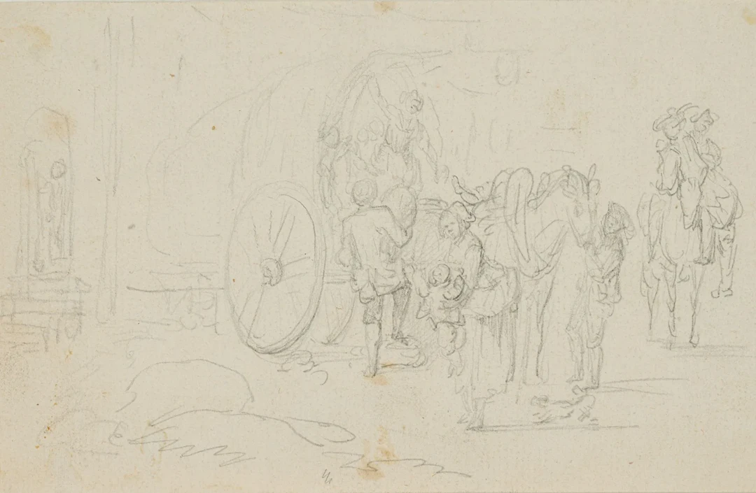 Unknown (19th), Arrival of travelers by carriage, Pencil Unknown (19th