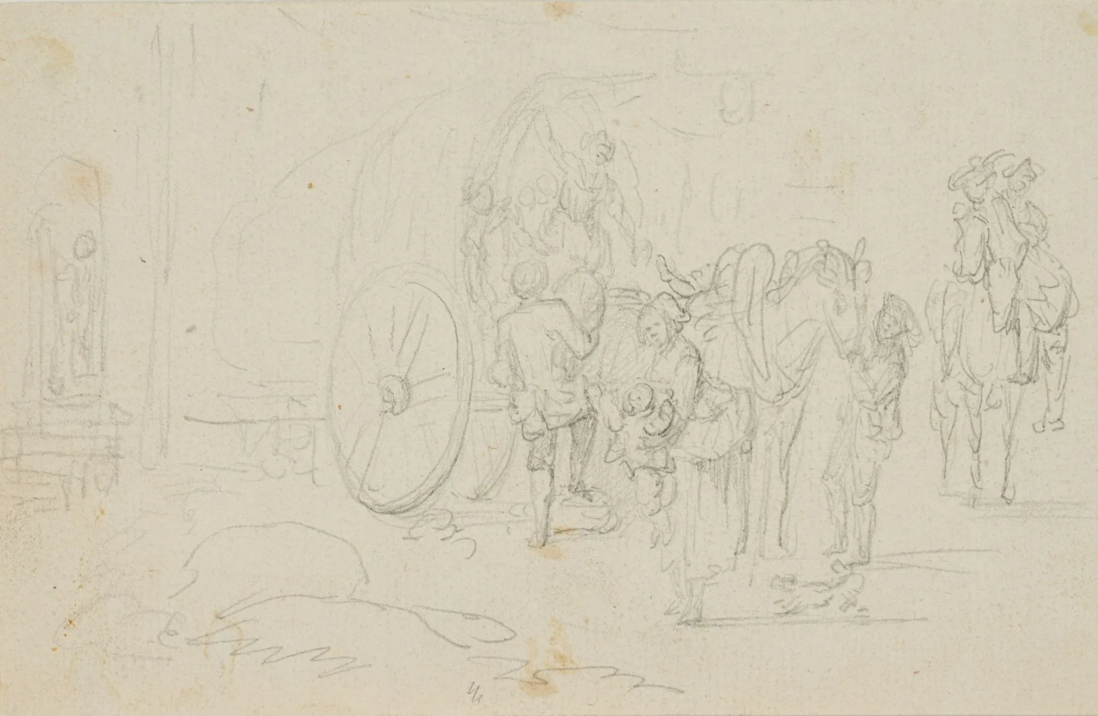 Unknown (19th), Arrival of travelers by carriage, Pencil Unknown (19th