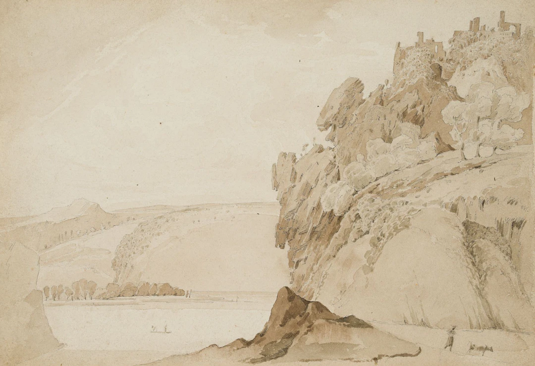 Unknown (19th), Rocky landscape on the shore, around 1830, Brush drawing