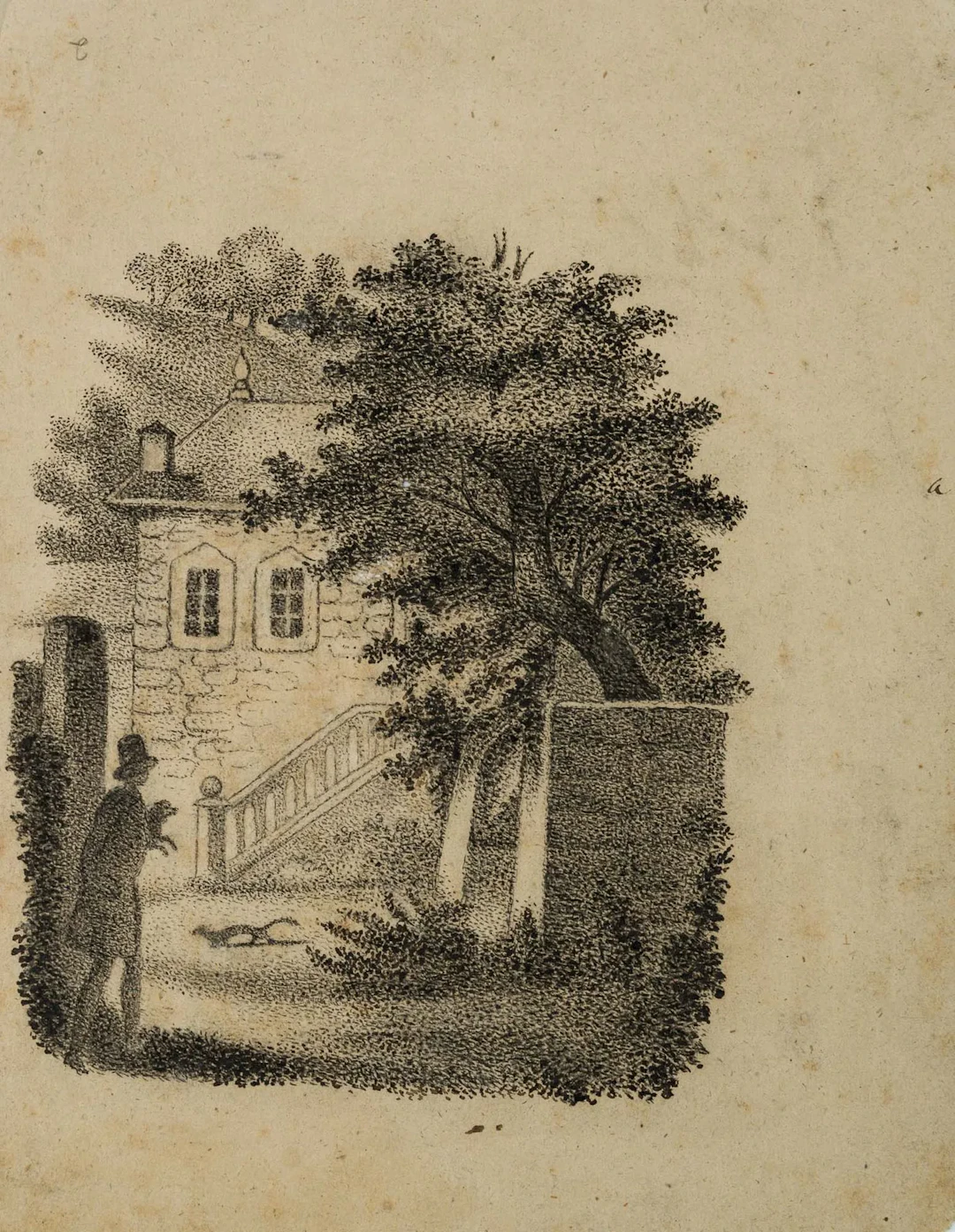 C. GRAIMBERG (*1774), An elegant man walks into a courtyard, pen drawing
