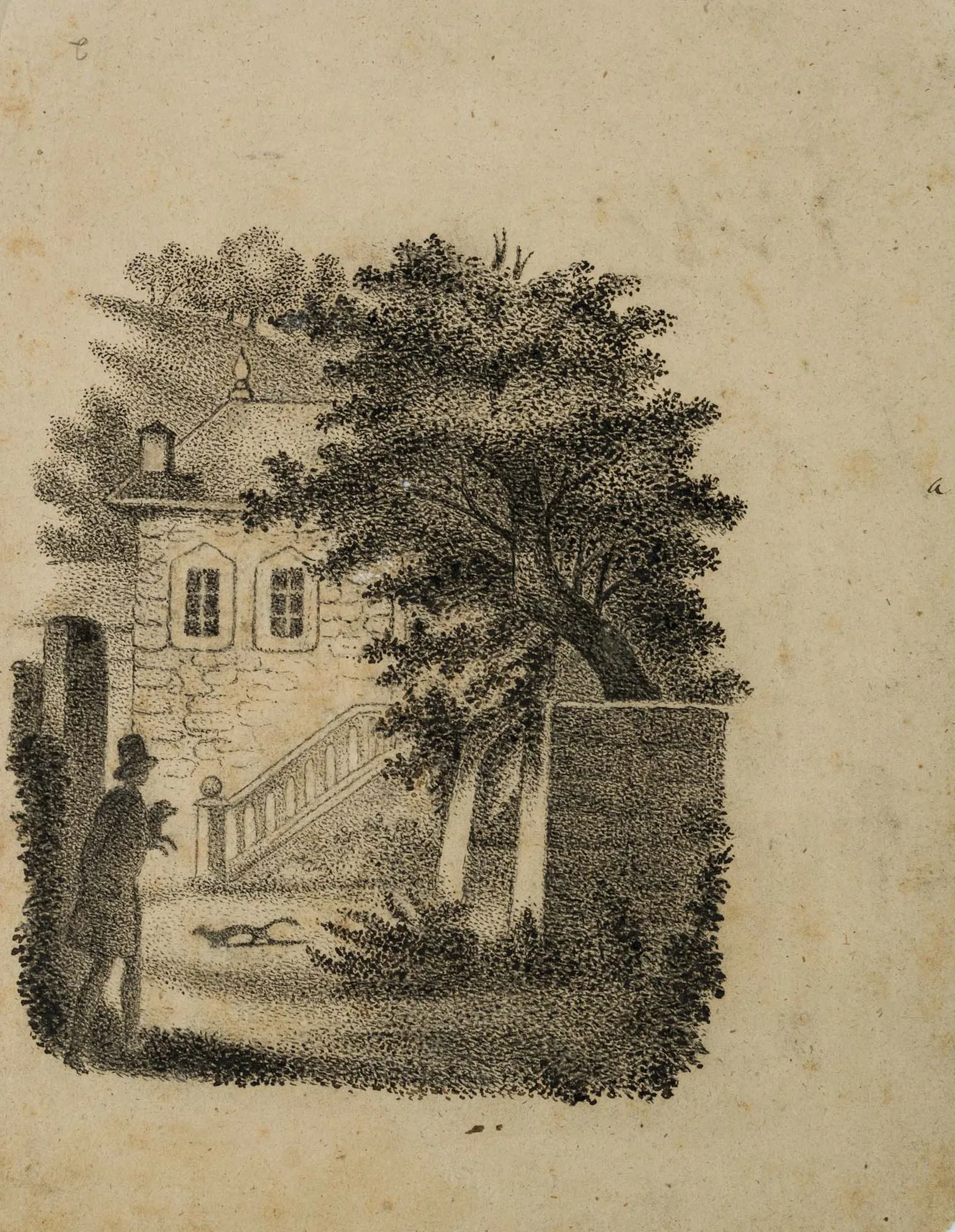 C. GRAIMBERG (*1774), An elegant man walks into a courtyard, pen drawing