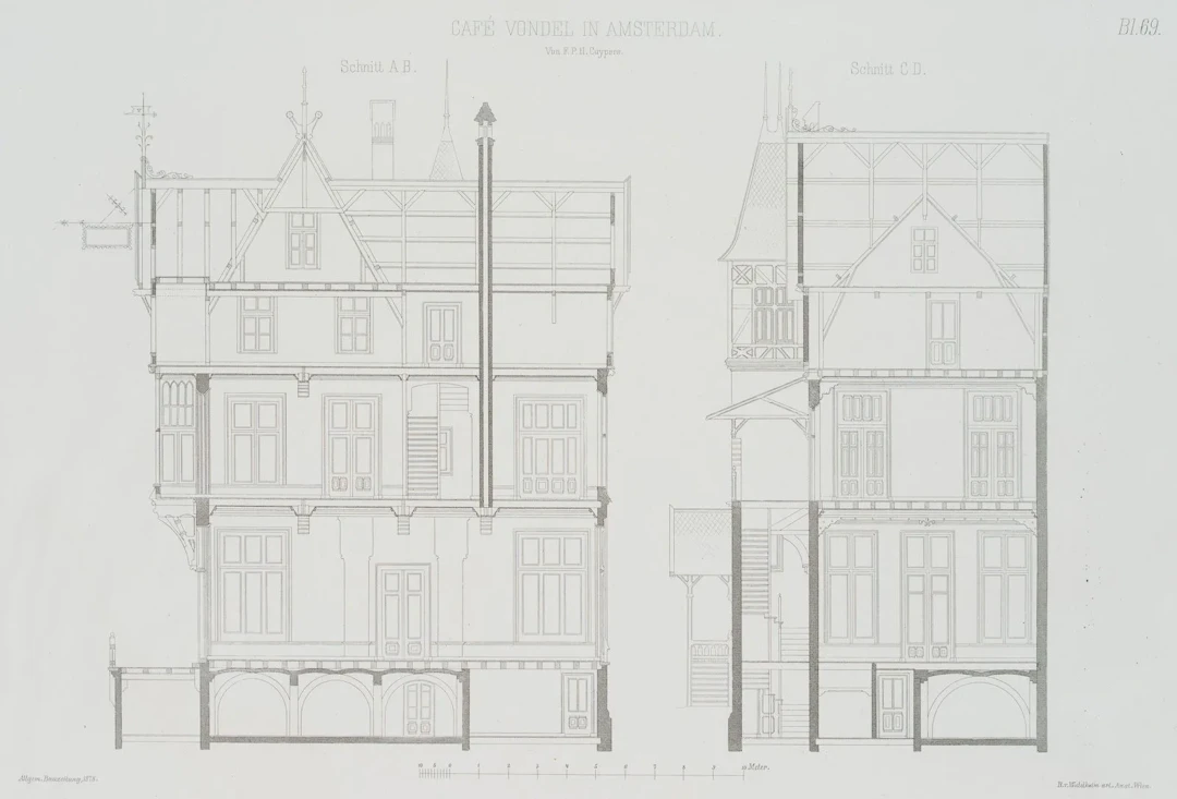 Unknown (19th century), Café Vondel in Amsterdam, cross-section, 1878
