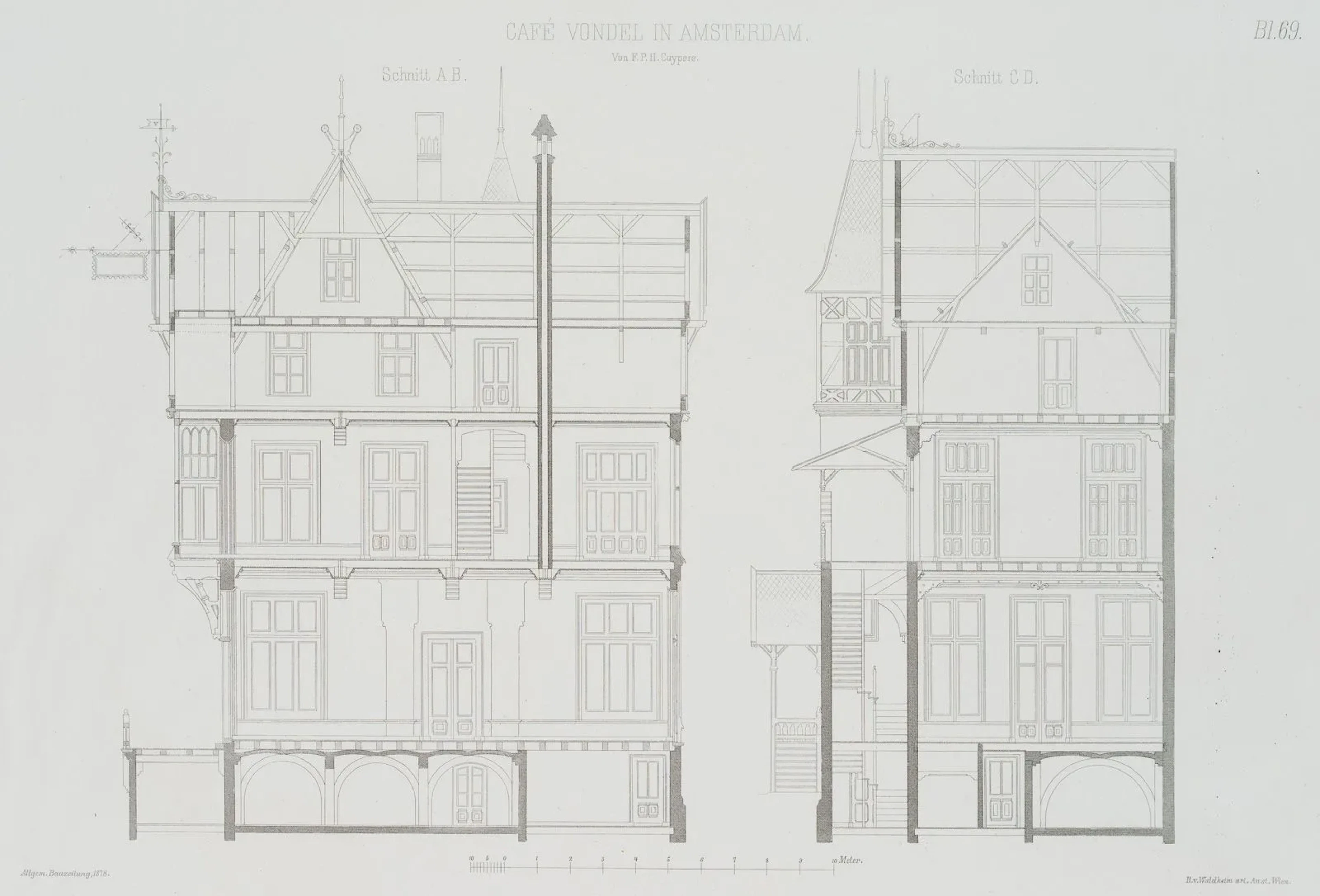 Unknown (19th century), Café Vondel in Amsterdam, cross-section, 1878