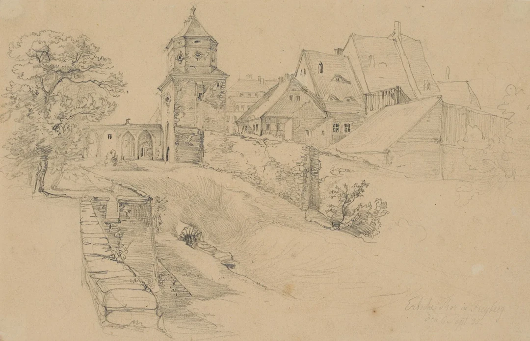 J. FLEISCHMANN (*1813), The Erbische Gate in Freiberg, 1835, Pencil