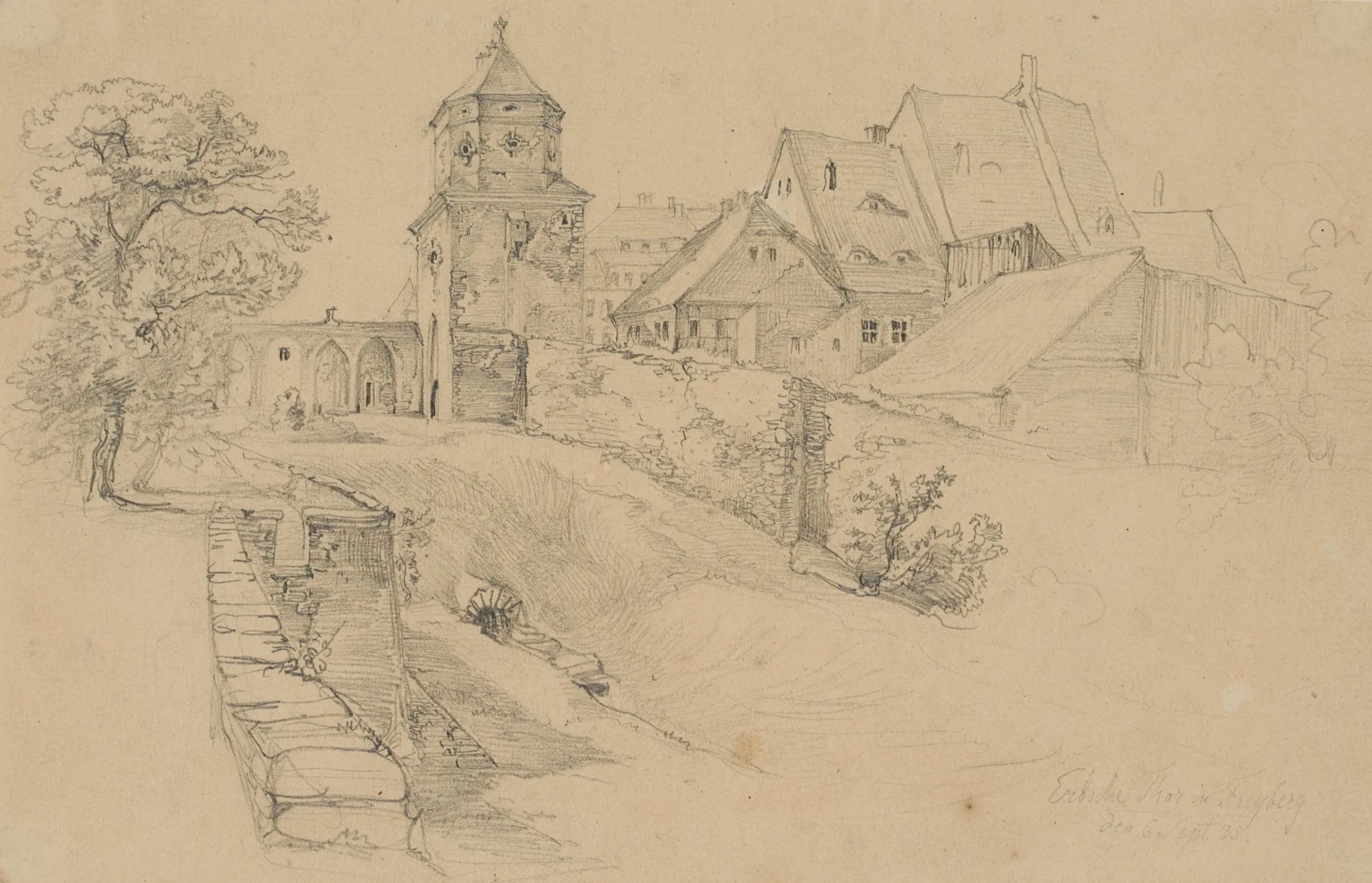J. FLEISCHMANN (*1813), The Erbische Gate in Freiberg, 1835, Pencil