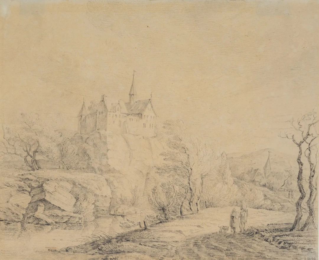 Unknown (19th century), Landscape with a Castle on a Hill, Pencil