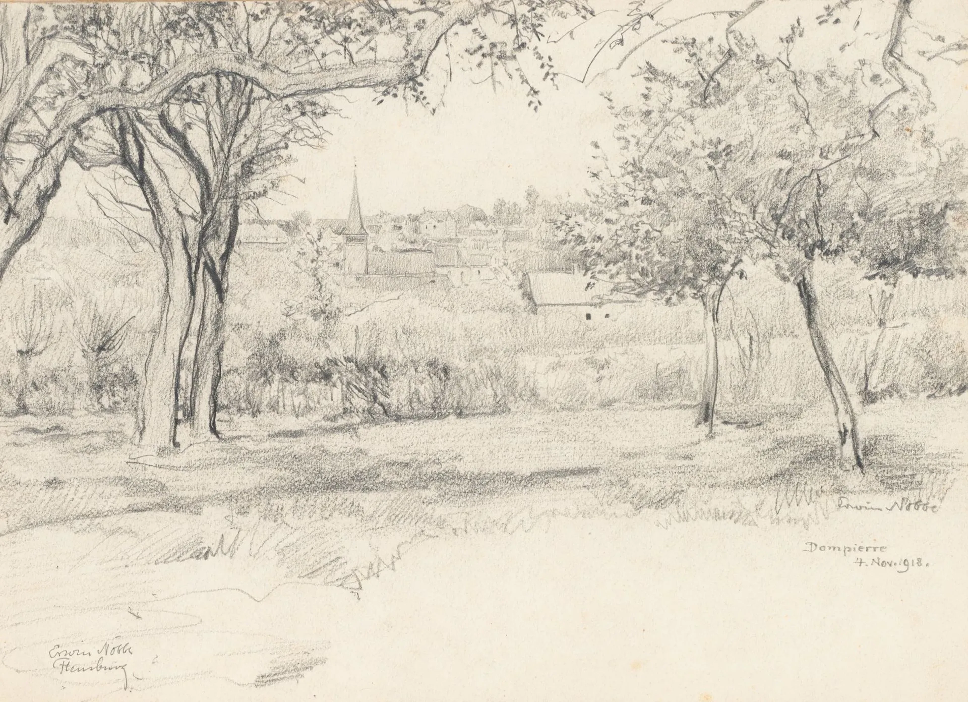 E. NÖBBE (1882-1948), Orchard with a view of Dompierre, 1918, Pencil