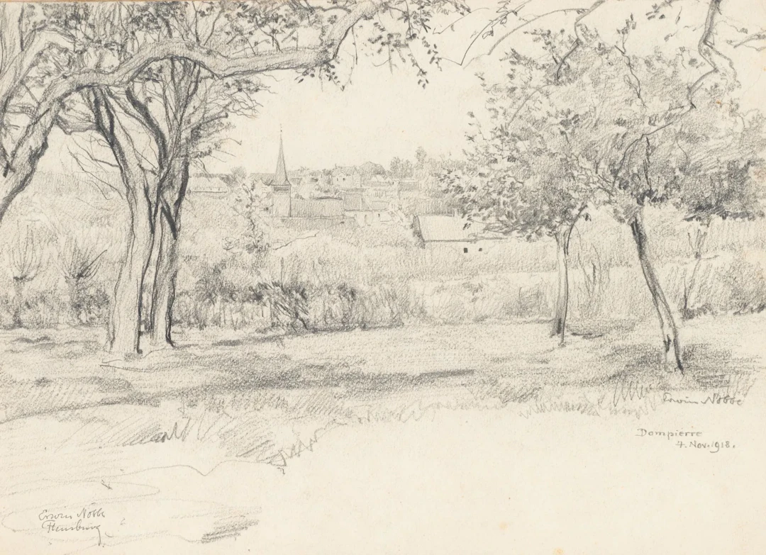 E. NÖBBE (1882-1948), Orchard with a view of Dompierre, 1918, Pencil