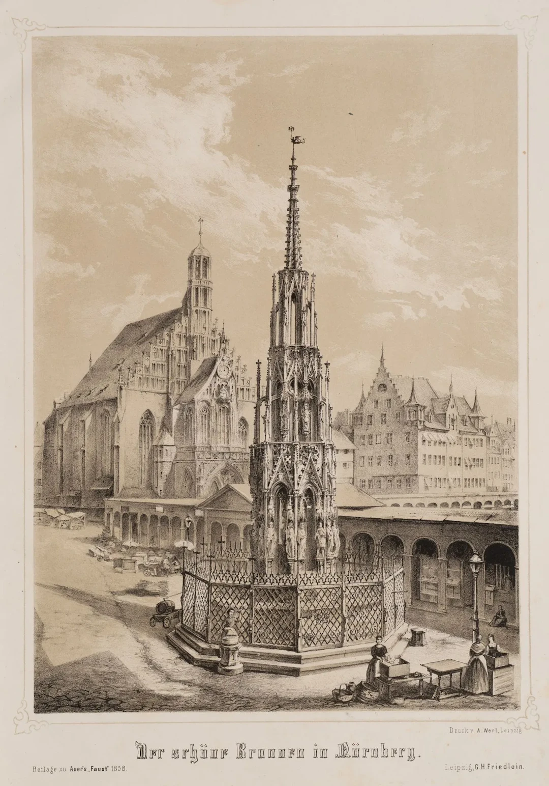 Unknown (19th century), A Beautiful Fountain in Nuremberg, 1858, Lithograph