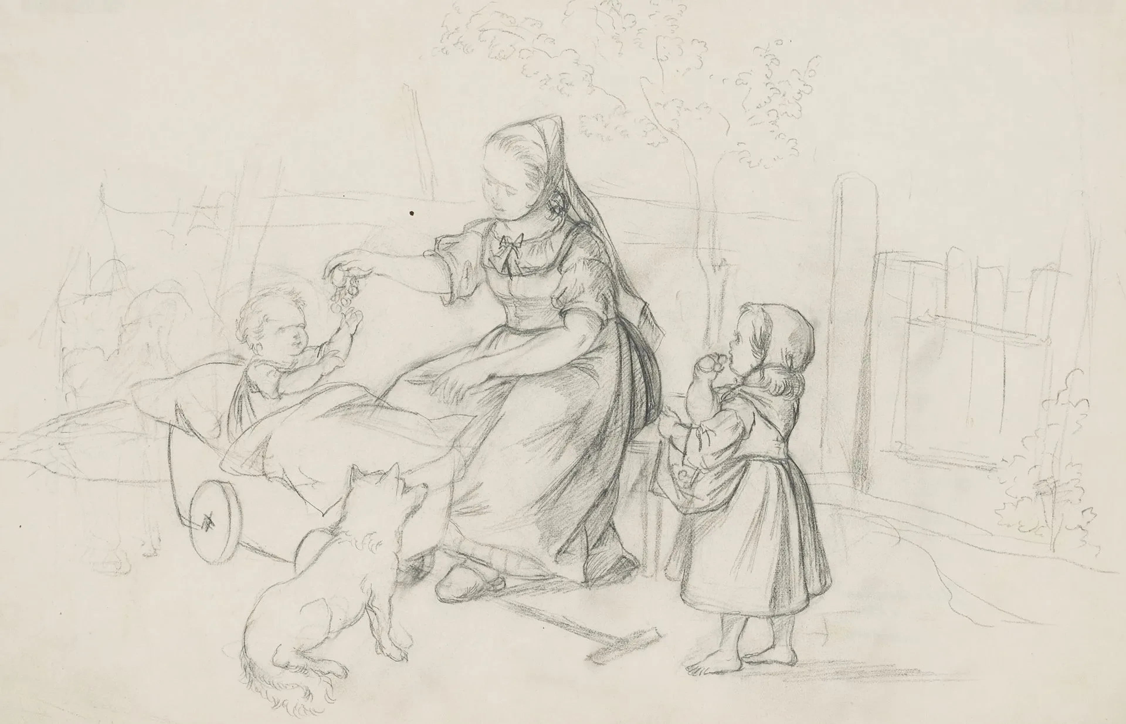 G. MÜLLER (1827-1922), Three children with a handcart, Pencil Gustav