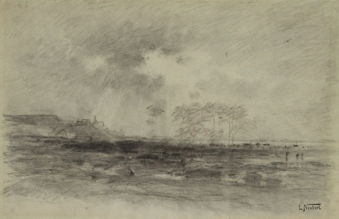 L. NEUBERT (1846–1892), Beach Landscape with Mudflats, Charcoal Louis