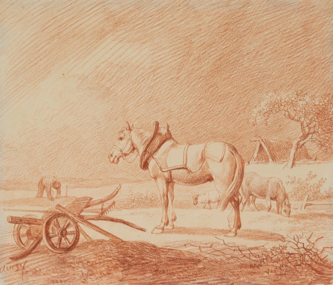 J. KLENGEL (1751–1824), Horse, Farmers, and Plow, Red chalk drawing