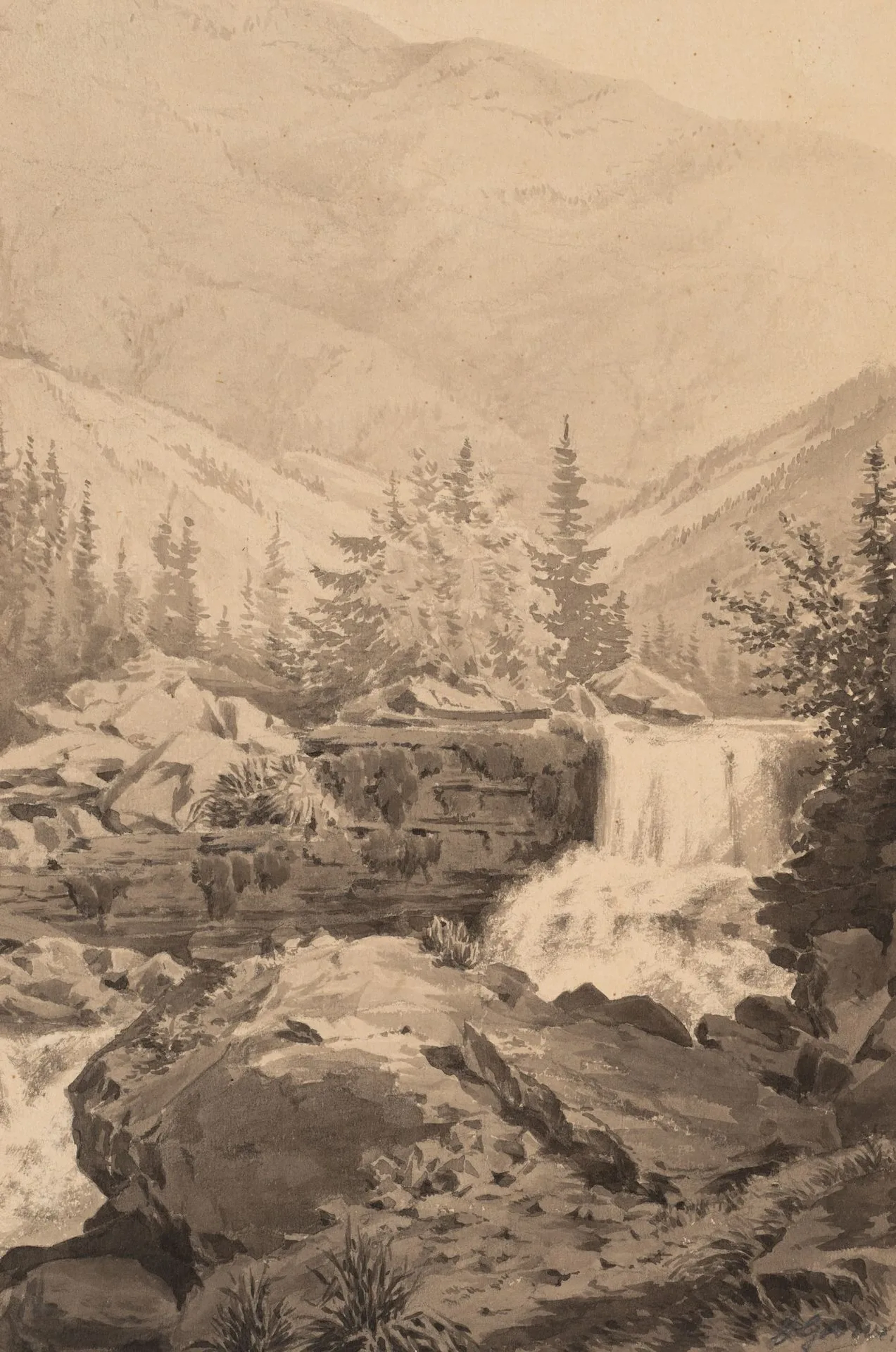 O. GARVE (19th), Forested Mountains with a River and a Waterfall