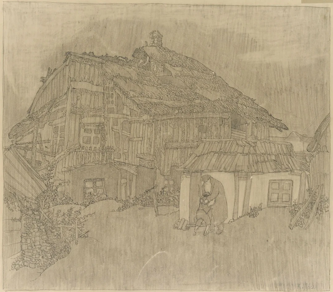 R. MASEL (19th), Grandfather and grandson in front of a farmhouse