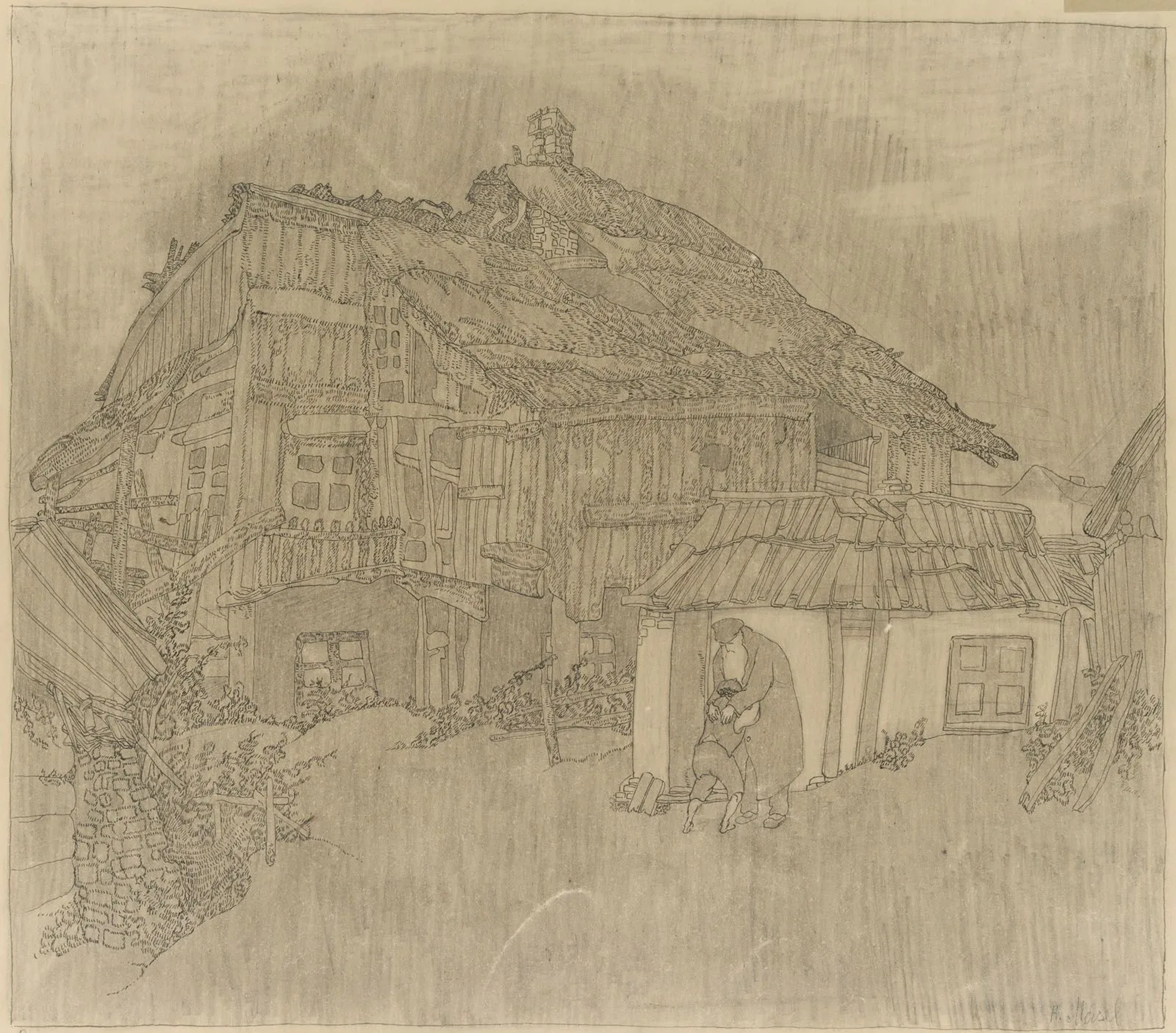 R. MASEL (19th), Grandfather and grandson in front of a farmhouse