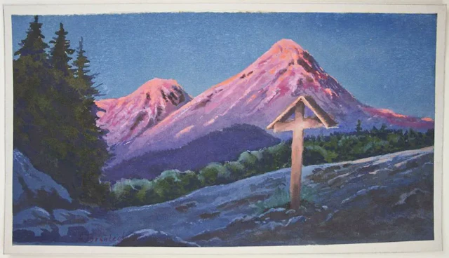 A. BRUNNLECHNER (*1863), Alpine Glow with a Wayside Cross, 1960, Watercolor
