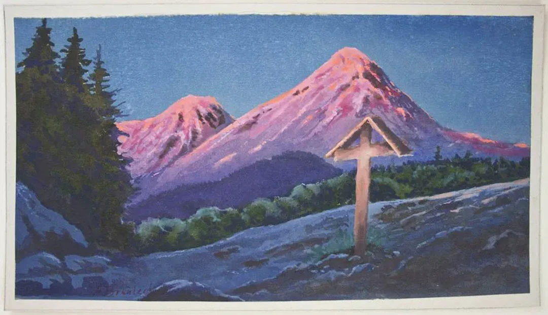 A. BRUNNLECHNER (*1863), Alpine Glow with a Wayside Cross, 1960, Watercolor