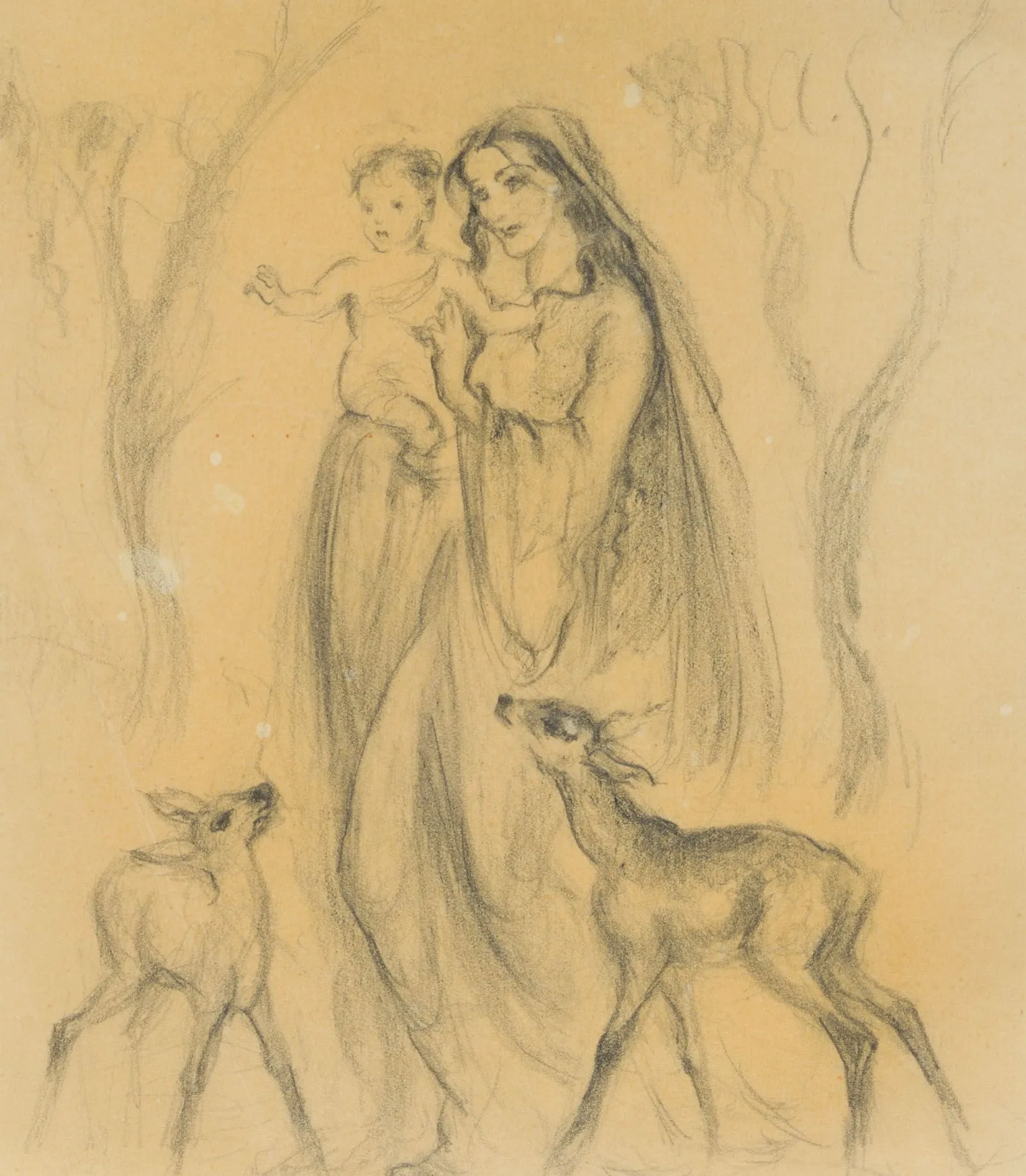 B. WELSCH (20th), Mary with the Baby Jesus, Pencil Benno Welsch (20th