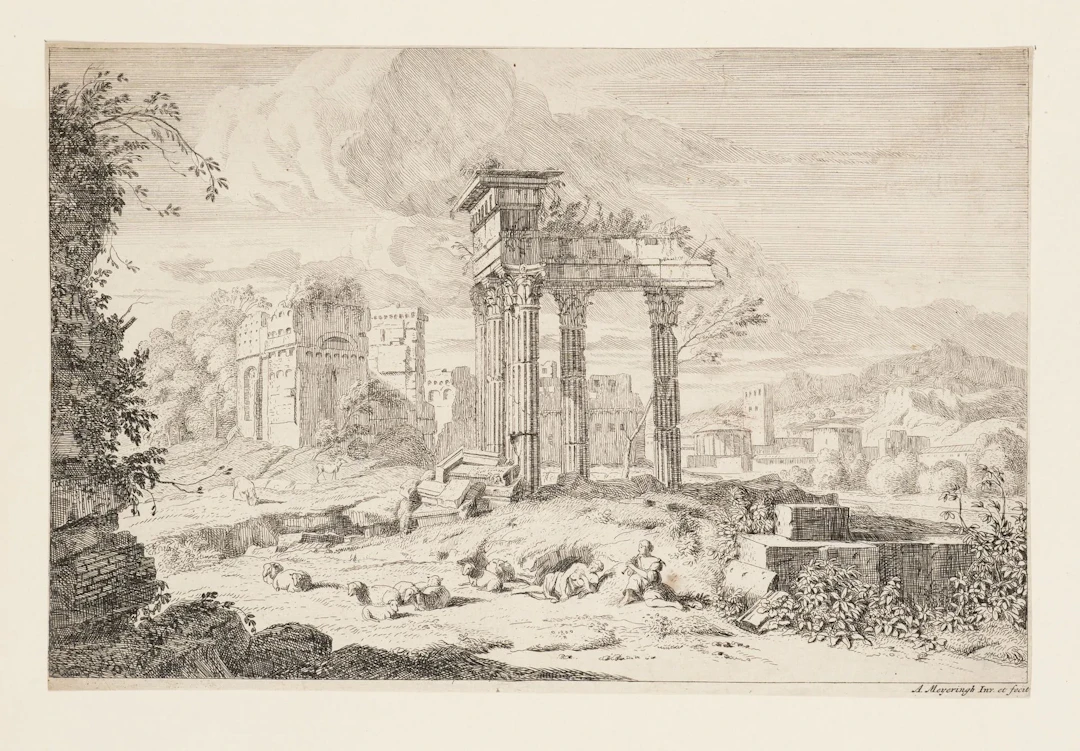 A. MEYERINGH (*1645), A Landscape of Ruins with Shepherdesses, 1695