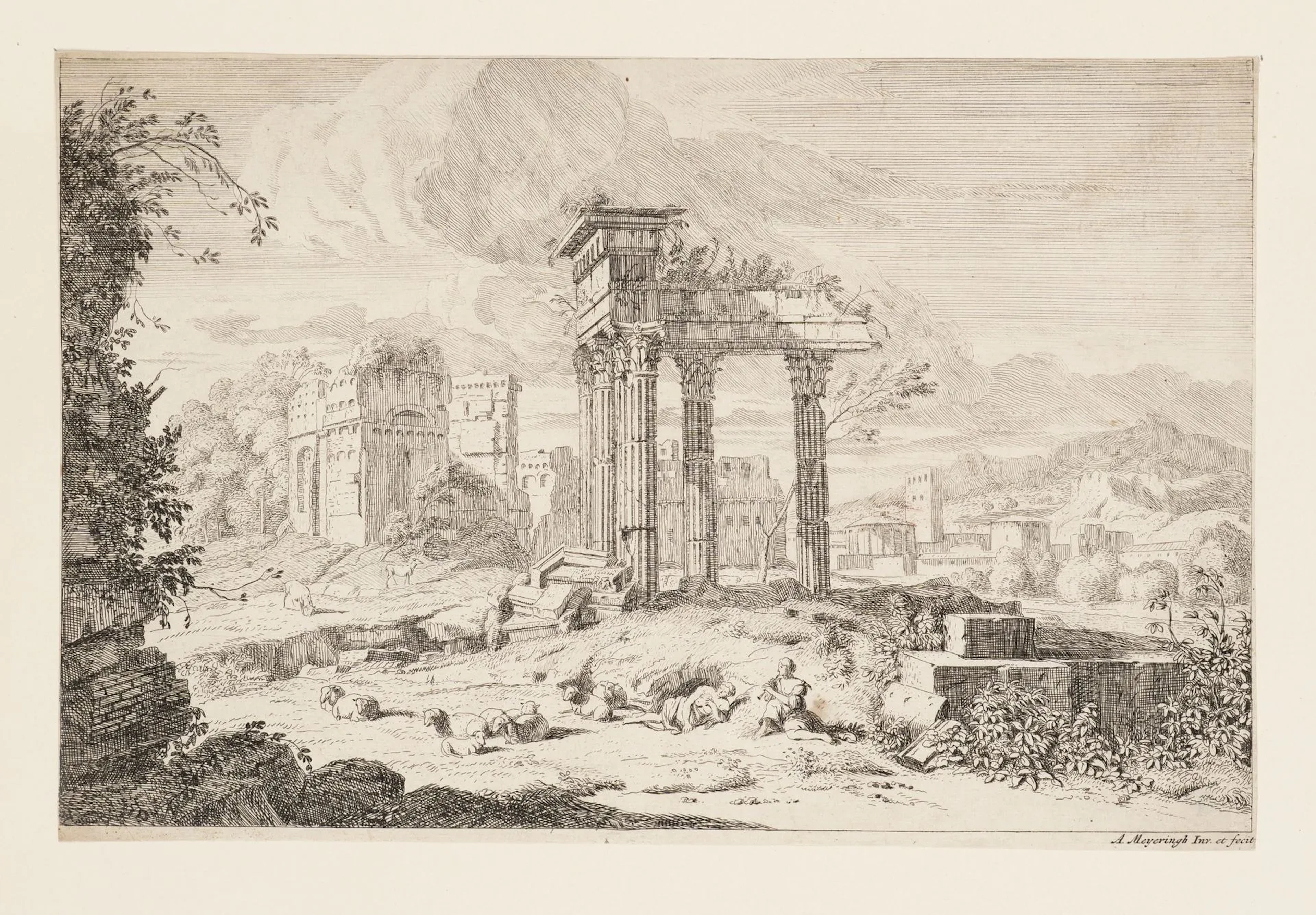A. MEYERINGH (*1645), A Landscape of Ruins with Shepherdesses, 1695