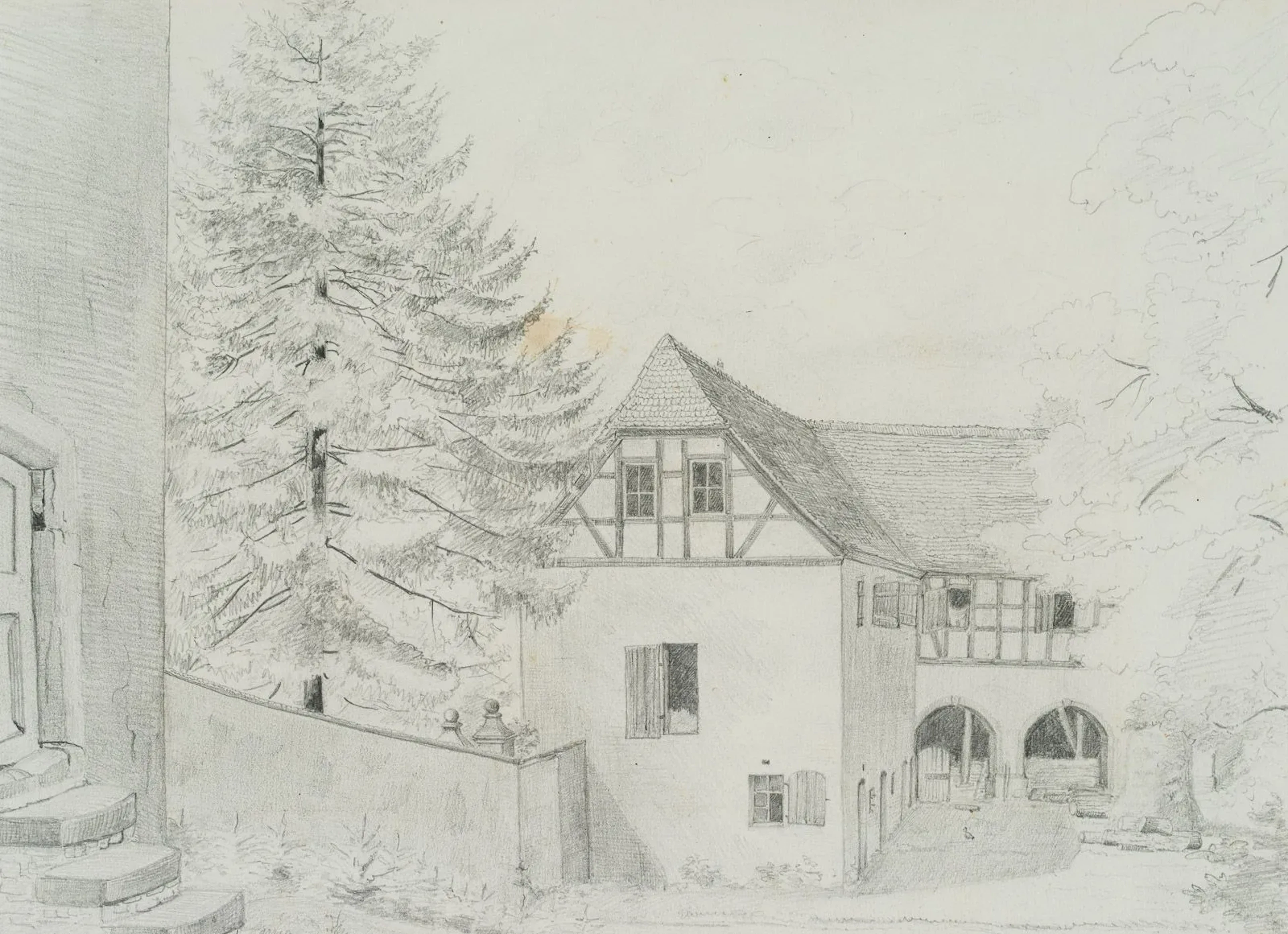 Unknown (19th), A View into the Courtyard of a Farmstead, 1885, Pencil