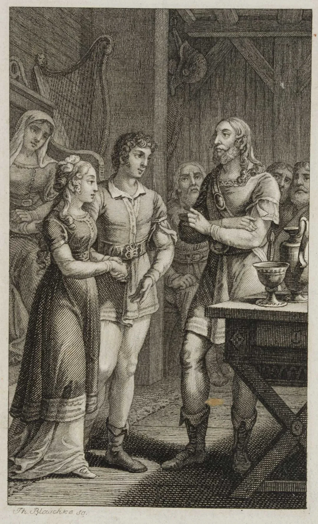 J. BLASCHKE (*1792), A Young Couple Being Listened To, Etching Johann