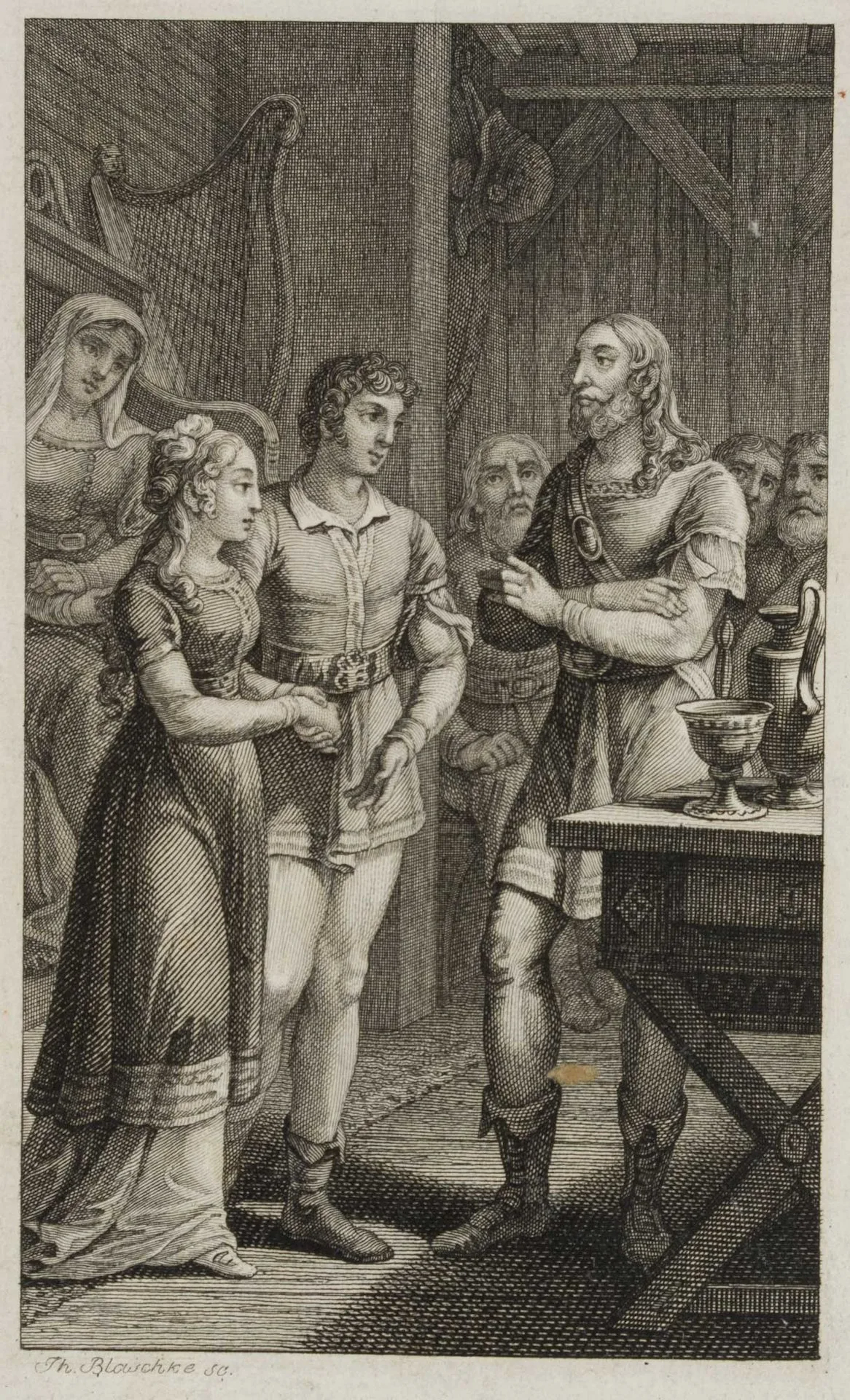 J. BLASCHKE (*1792), A Young Couple Being Listened To, Etching Johann