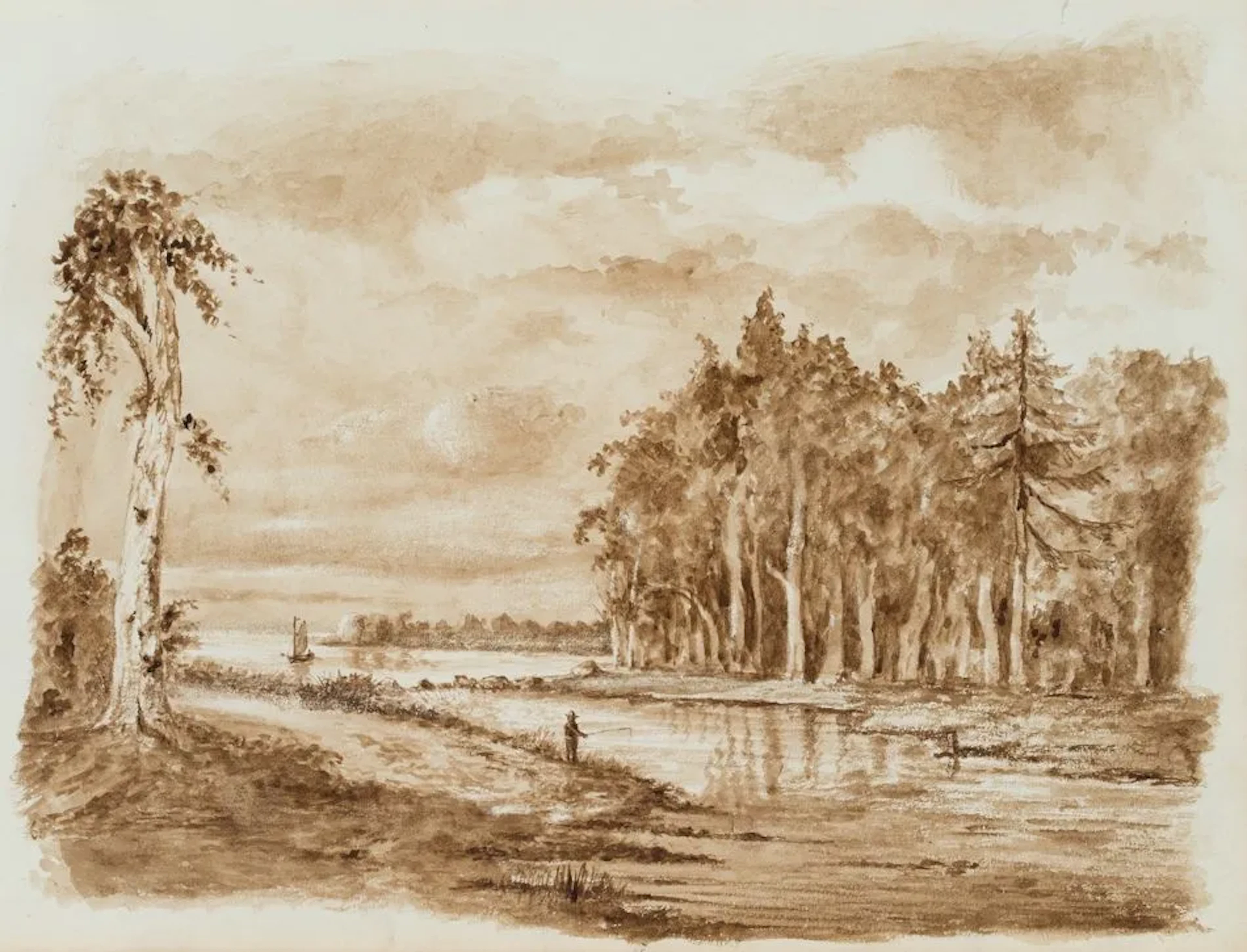 Unknown (19th century), Angler in a Dutch Landscape, Brush Drawing