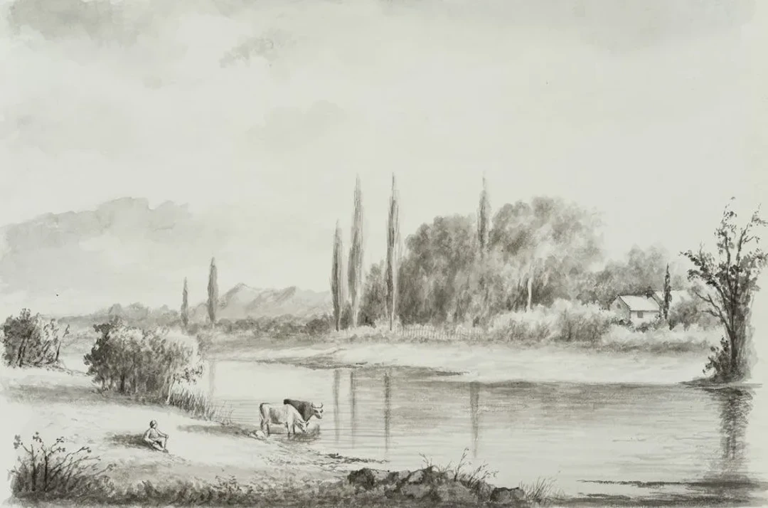 Unknown (19th), River Landscape with a Shepherd Resting, Brush Drawing