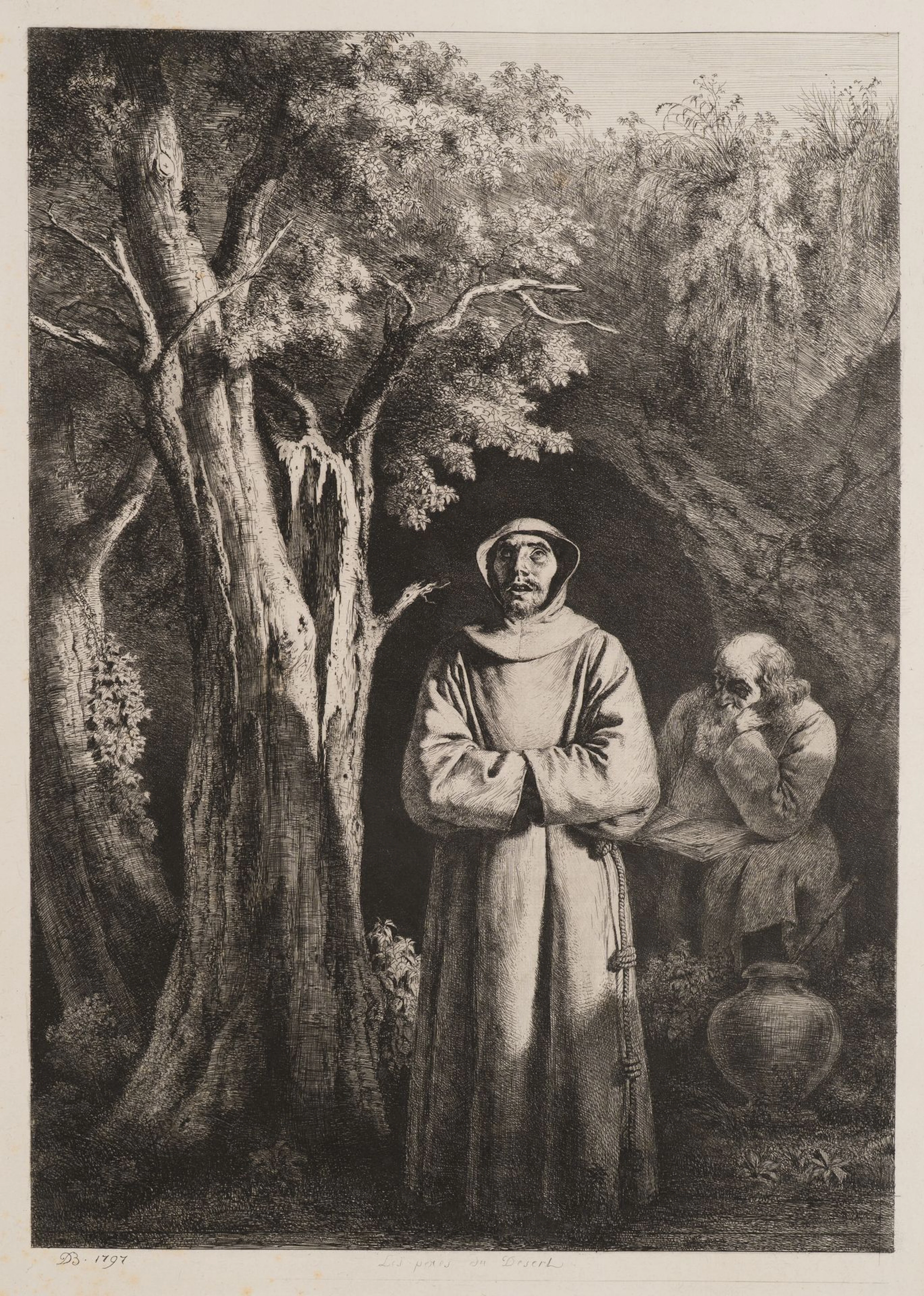 J. BOISSIEU (1736–1810), Hermit in a Wooded Cave, 1797, Etching Jean
