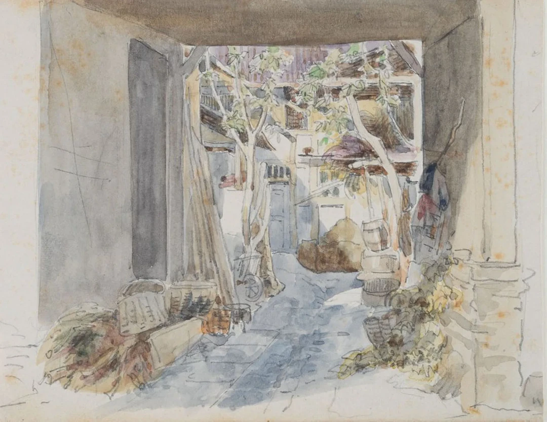 Unknown (19th), View from a barn, Watercolor Unknown (19th century):