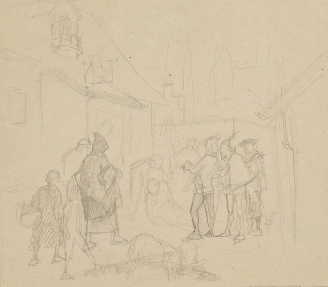 E. RONDAHL (1858–1914), A scene with figures after a duel, around