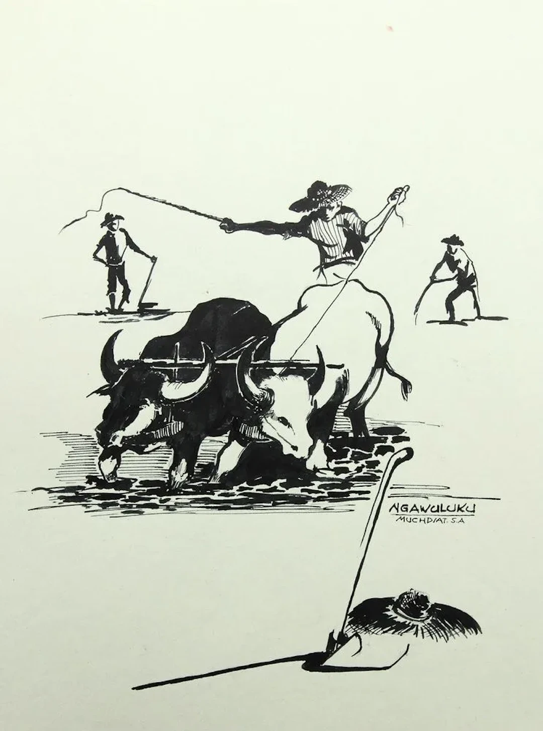 Unknown (20th), Asian farmers ploughing, Brush drawing Unknown (20th