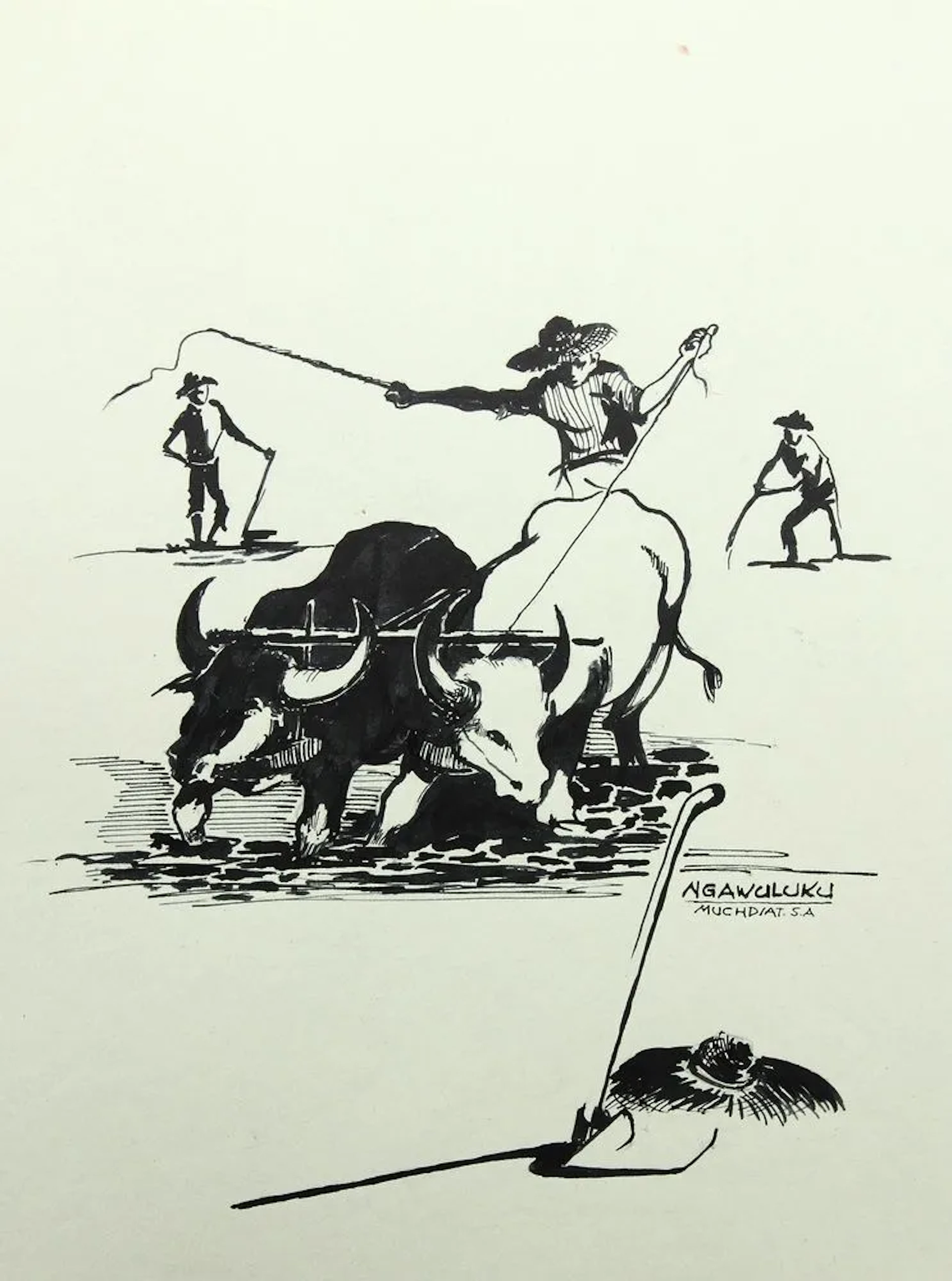 Unknown (20th), Asian farmers ploughing, Brush drawing Unknown (20th