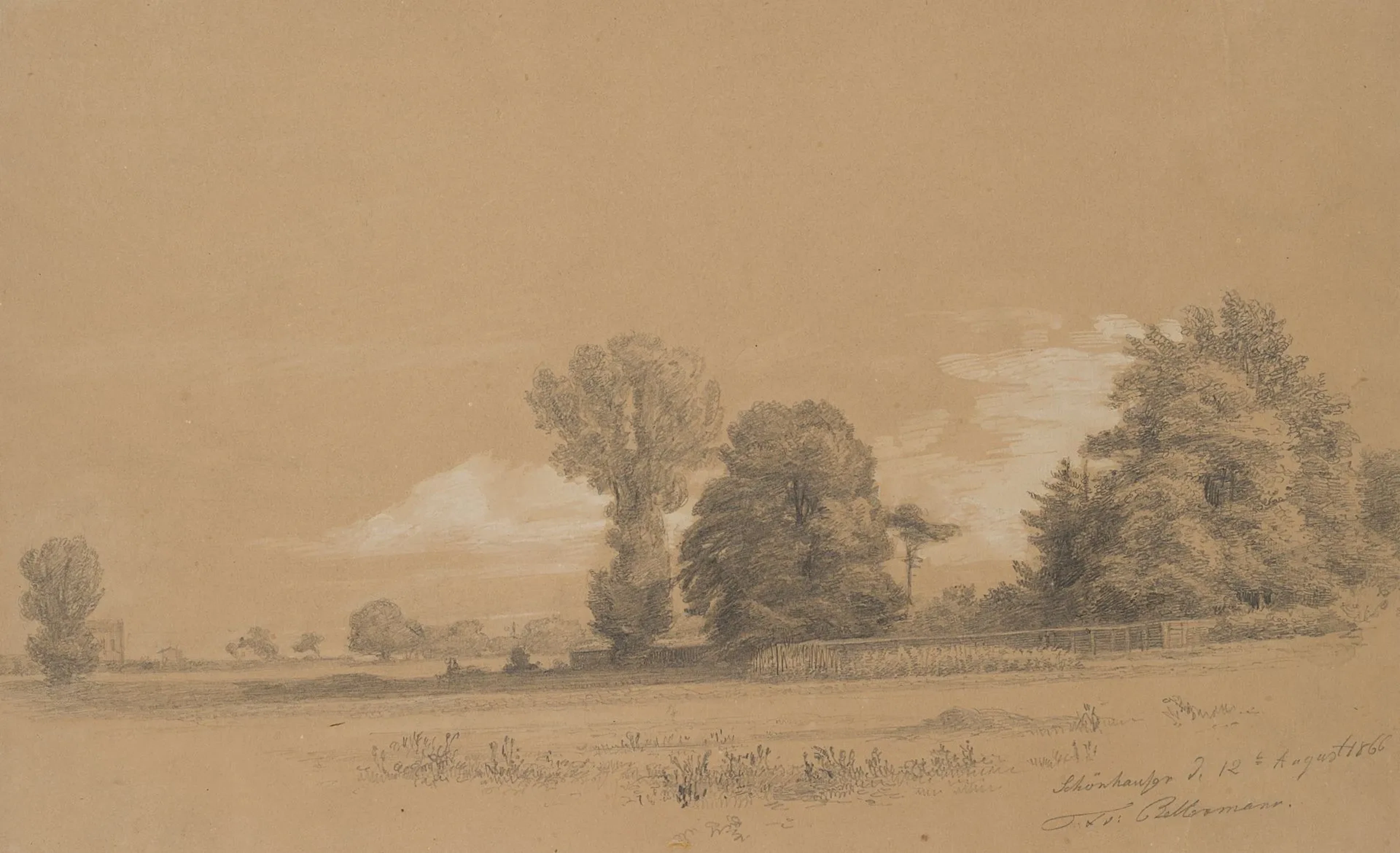 F. BELLERMANN (*1814), A Scene from Schönhausen Park, 1866, Pencil