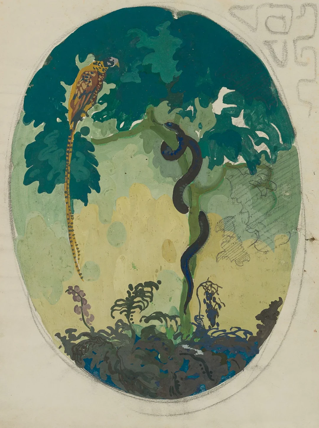 M. WIEGAND (*1867), Snake and pheasant. Decorative design, Gouache