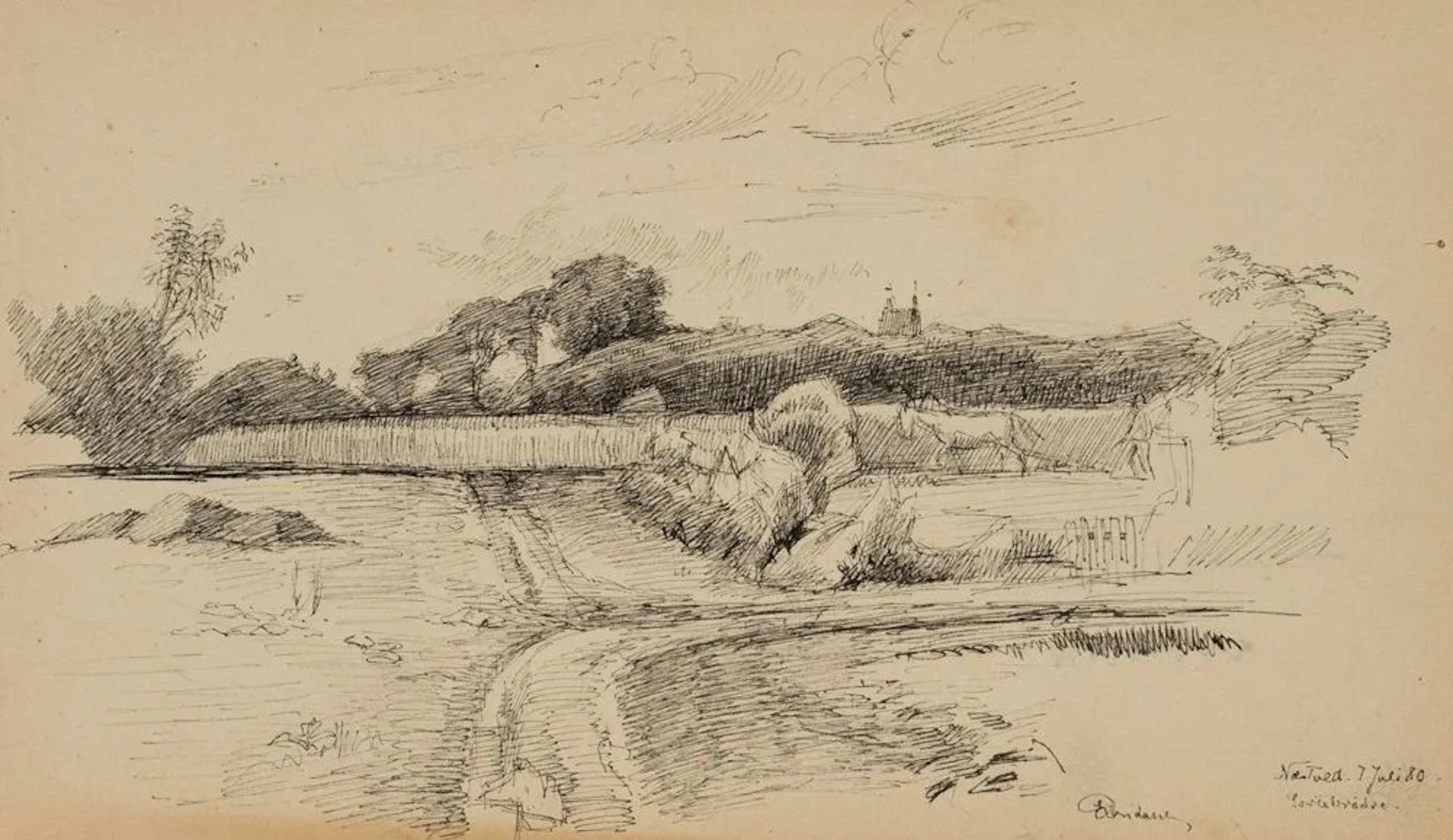 E. RONDAHL (1858-1914), Danish landscape near Sortebrödre, 1880, Pen