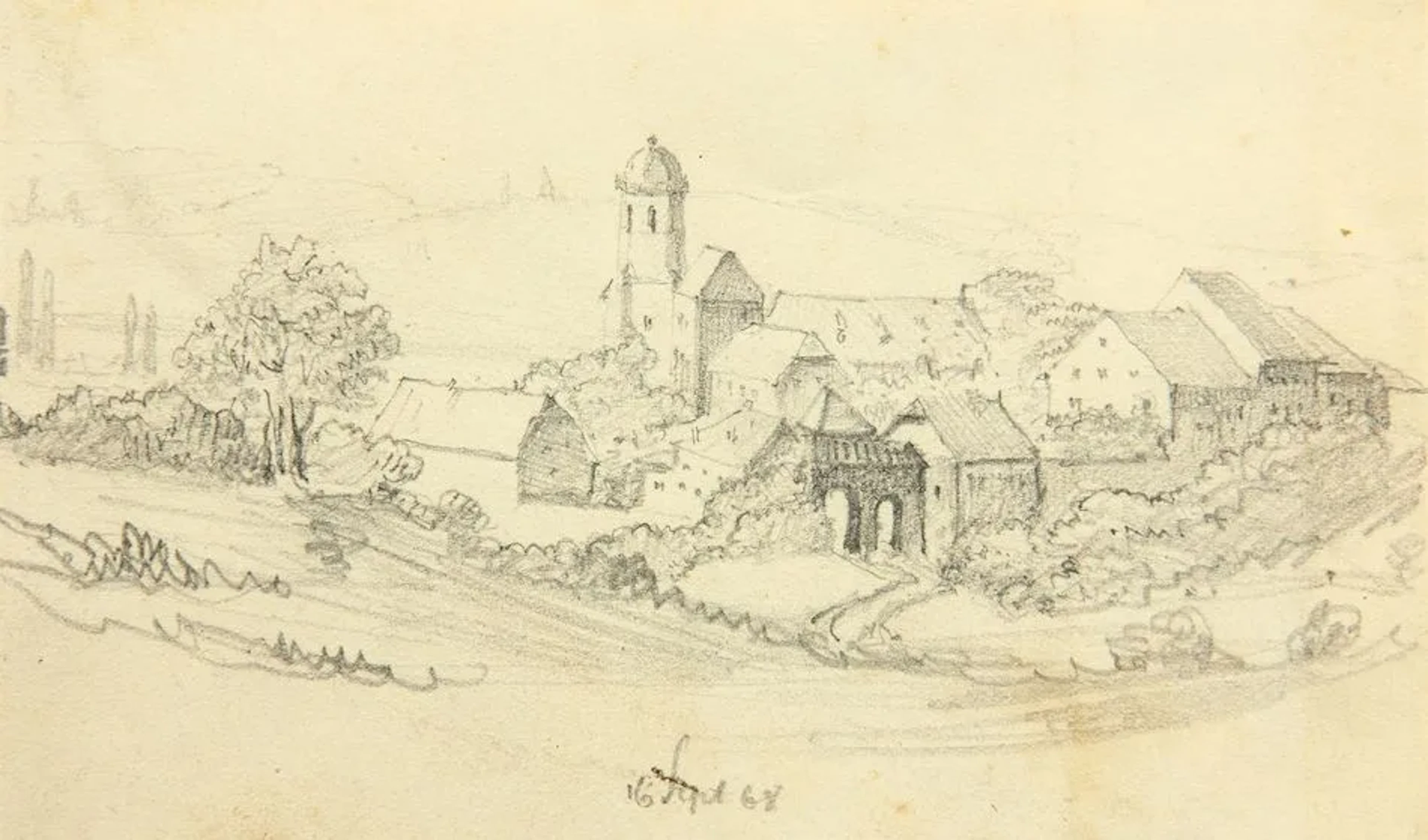 Unknown (19th century), A small town in a rural setting, 1868, Pencil
