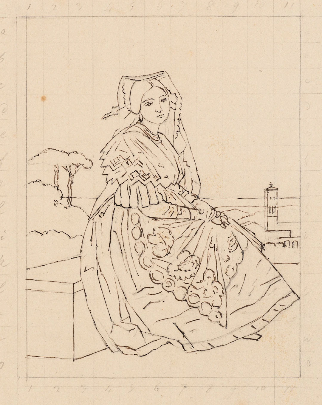 Unknown (19th century), Seated Woman in Italy, Pen Drawing Unknown