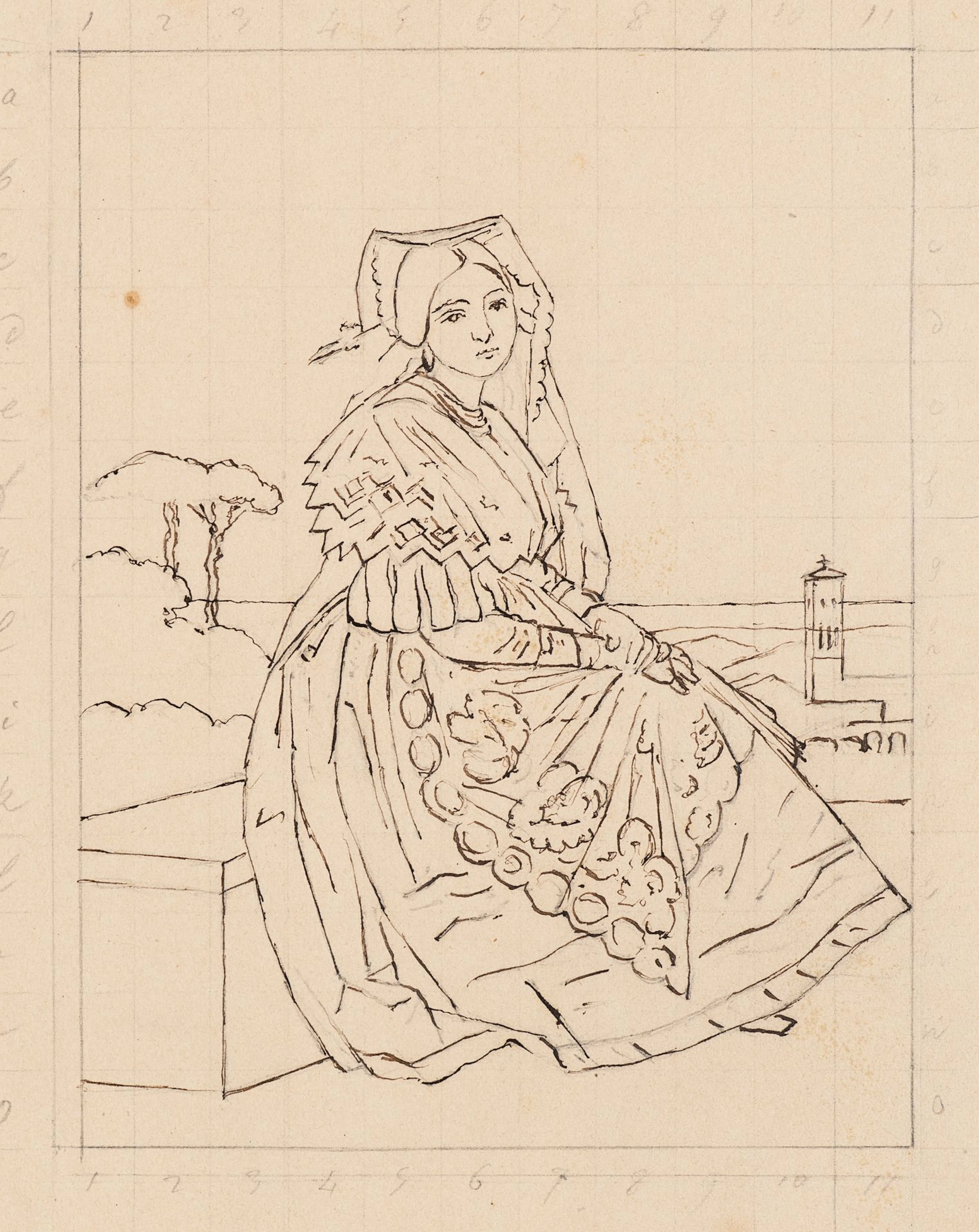 Unknown (19th century), Seated Woman in Italy, Pen Drawing Unknown