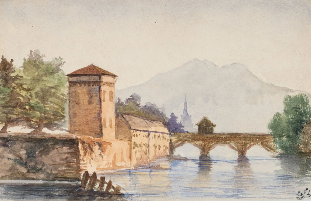 Unknown (19th), Medieval river landscape, 1884, Watercolor Unknown
