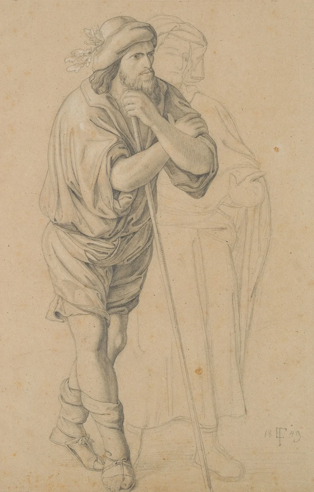 L. FRIEDRICH (*1827), A Shepherd Leaning on His Staff, 1849, Pencil