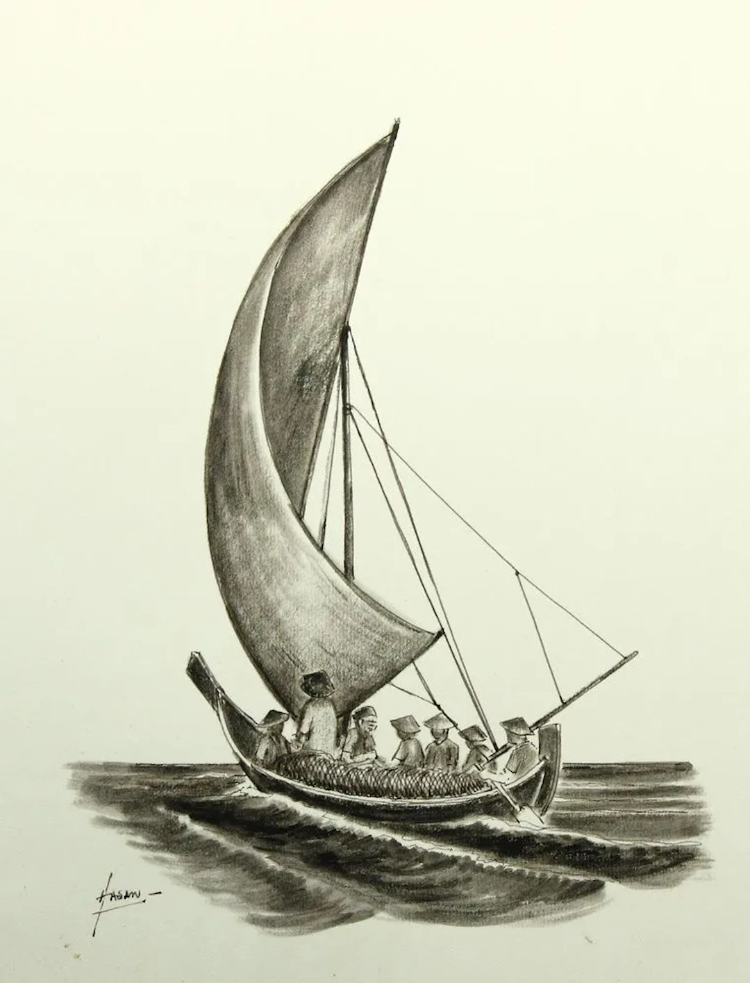 Unknown (20th), Asian fishermen, Brush drawing Unknown (20th century):