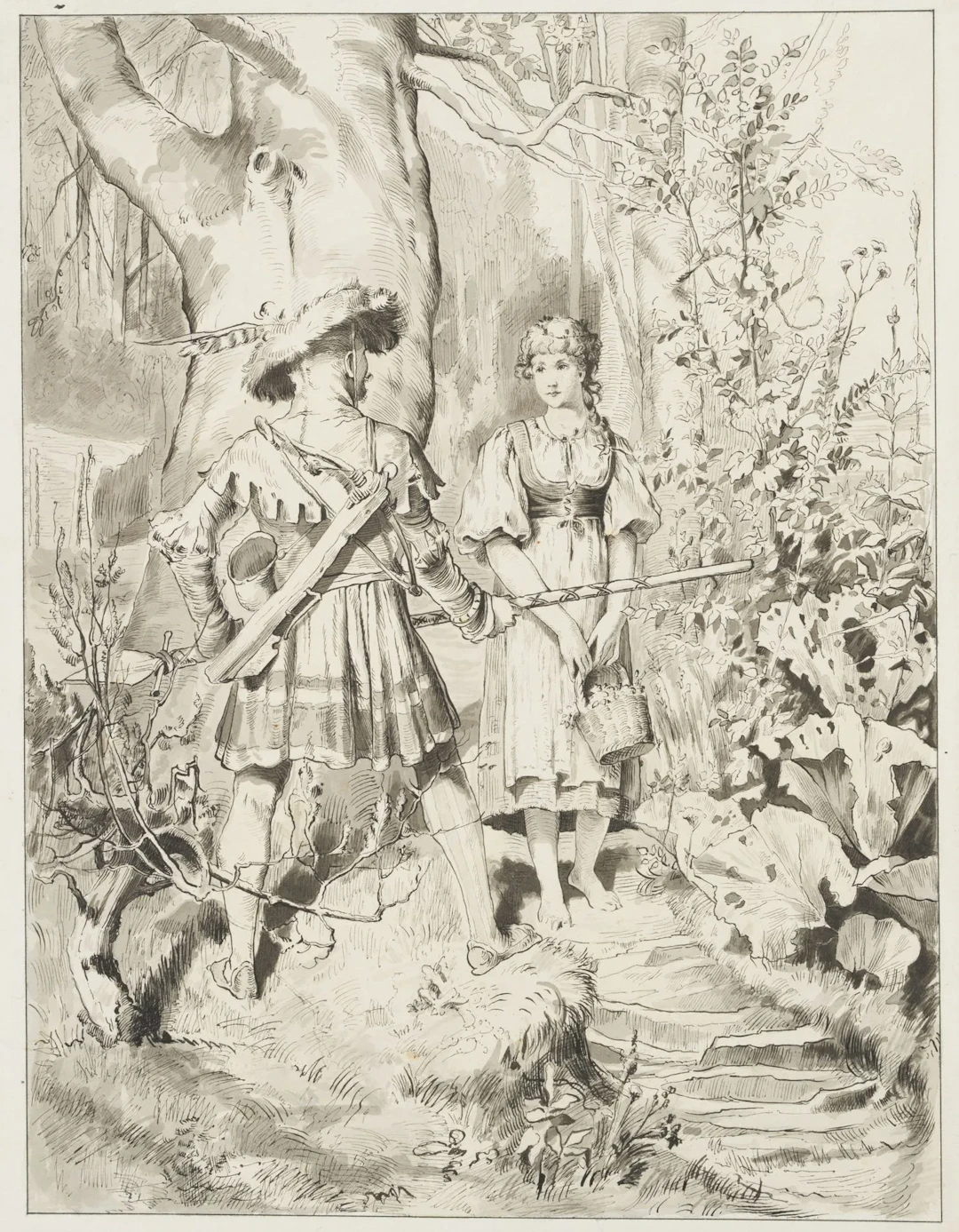 W. CLAUDIUS (1854–1942), A Girl and a Hunter in the Woods, Pen Drawing